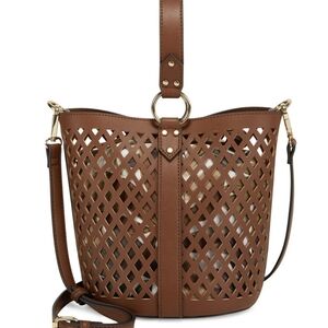 INC International Concepts Womens Brown Vegan Leather Weave Bucket Purse Handbag
